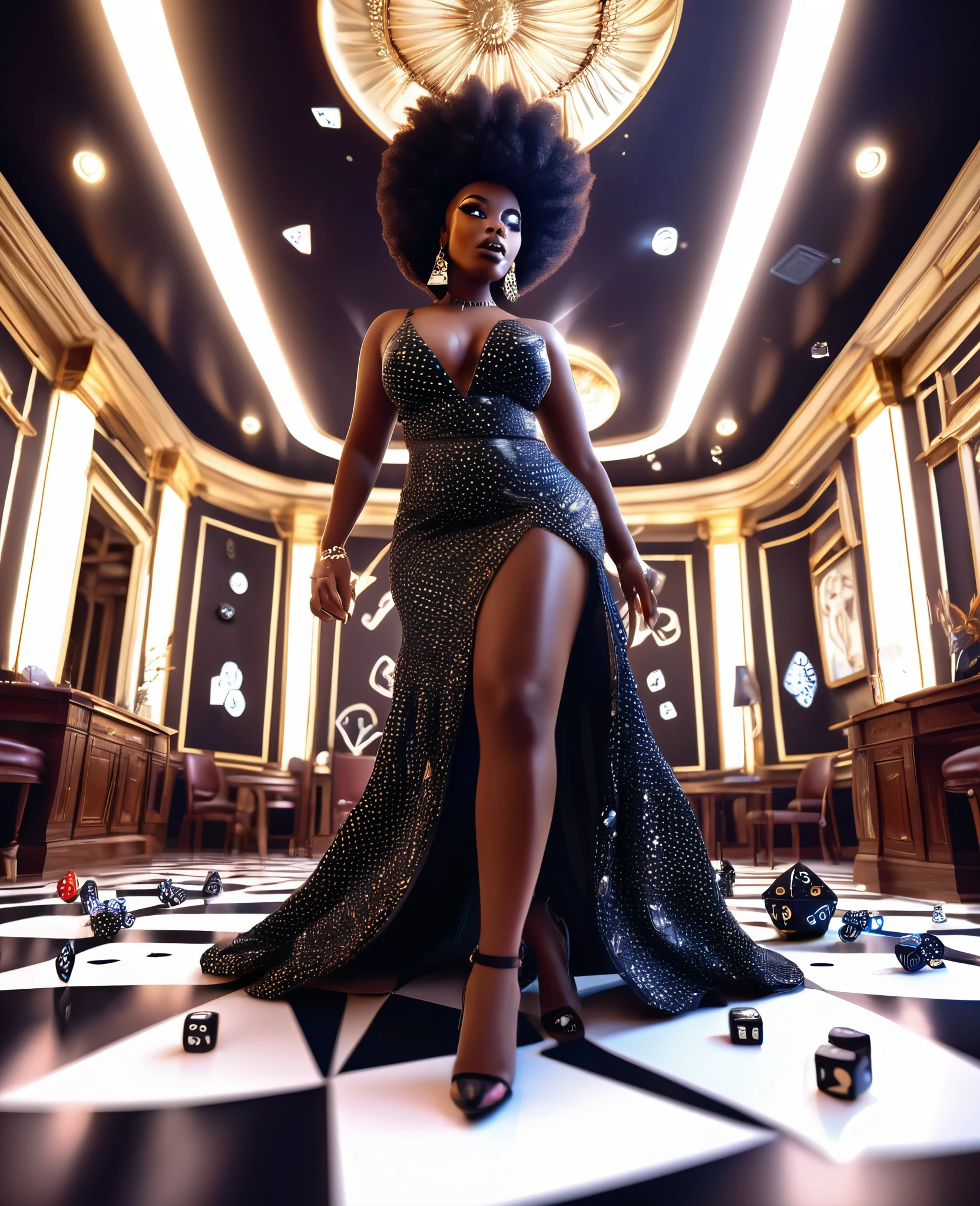 fish eye lens view from a low angle shot of a curvy Black woman in a beautiful dress standing in a dice designed room, with rolling dice designs on the walls, floor and ceilings, 32k ultra HD, hyper-realistic image, unreal engine rendered