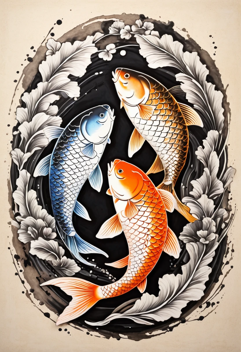 Paint painting: Drawing of two carp, in different positions, Contour with black ink, soft lines, soil of paint on the scales, multilayer, the paint on the scale fell hard, forms an arc, displays characters' Express expressions and postures through the contrast of paint, emphasis on light, shadow and space. Ink, solo, sketch, grace, black and red