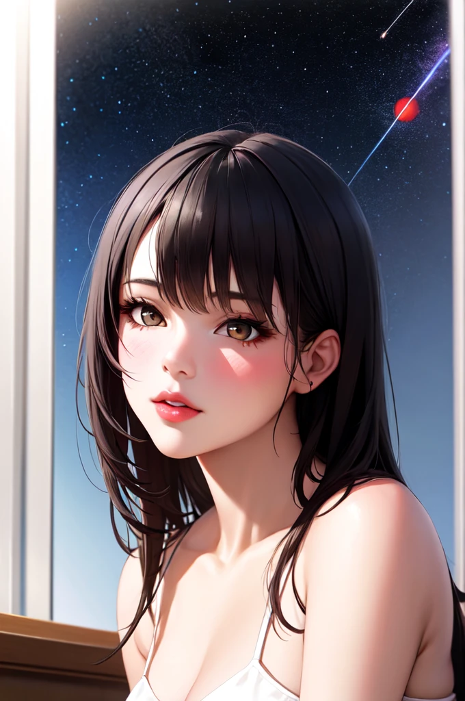 1girl, beautiful face, ((white eyes)), studying in her room, a studyroom with a large window, Red moon in the background, stars, space, (lightroom:1.13), soft light, (natural skin texture:1.2), (hyperrealism:1.2), sharp focus, focused,[[realistic]]