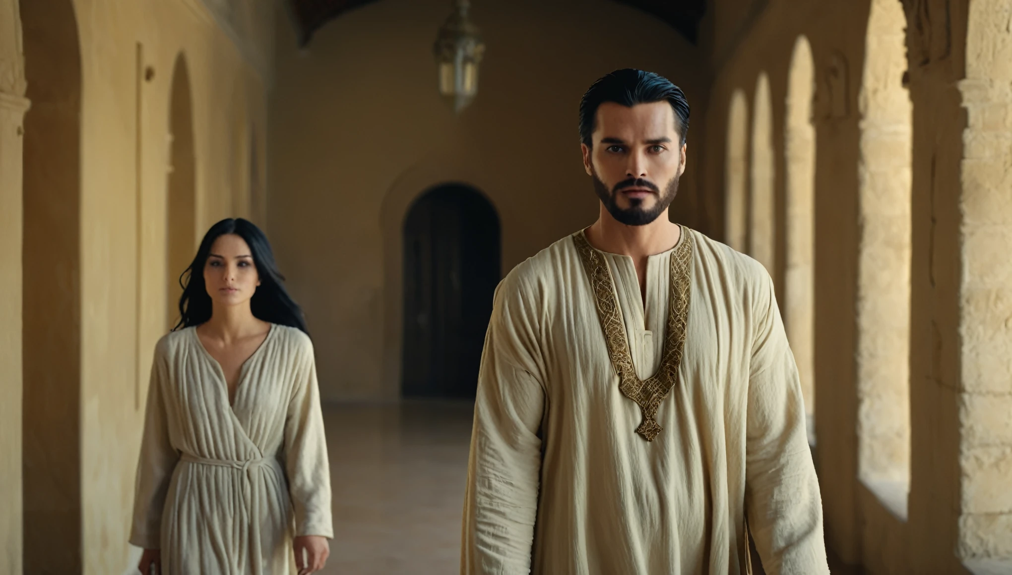 Handsome man wearing an elegant tunic from the time of Jesus, looking productively with a villainous look, standing in the corridor of a palace, in the background a beautiful young woman with black hair, beige and gray tunic, with a blurred face, cinematic image, ultra-defined, 8k, FHD