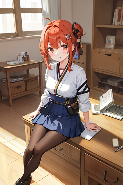 Anime girl stationed at her desk, penning in her notebook, sporting an orange hairdo with brown tips and a striking pompadour, cascading down her back in long, loose waves with brown tips. Adorned in a traditional Japanese uniform, she wears a thin white shirt, a red tie neatly knotted, and a blue mini skirt that swishes around her as she writes. Completing the ensemble are black tights and school shoes. A study in simplicity and youthful charm, she radiates focus and dedication, her eyes tunneling into the pages of her anime-style notebook with an intensity that tells of many hours spent in diligent study.
