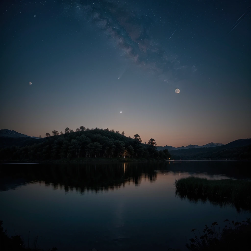 A serene and clear night illuminated by the silver light of the full moon.. The sky is dotted with stars.., Creating a celestial backdrop. Moon, majestic and round, is located at the top, projecting its light on a night landscape. Its rough and cratered surface is highlighted with soft shadows., revealing the unique lunar texture.
Additional items: You can add details such as silhouettes of trees or mountains in the distance to create depth in the scene... Perhaps a reflective lake that catches the moonlight.., or even a solitary figure admiring the moon, emphasizing the calm atmosphere of the night.