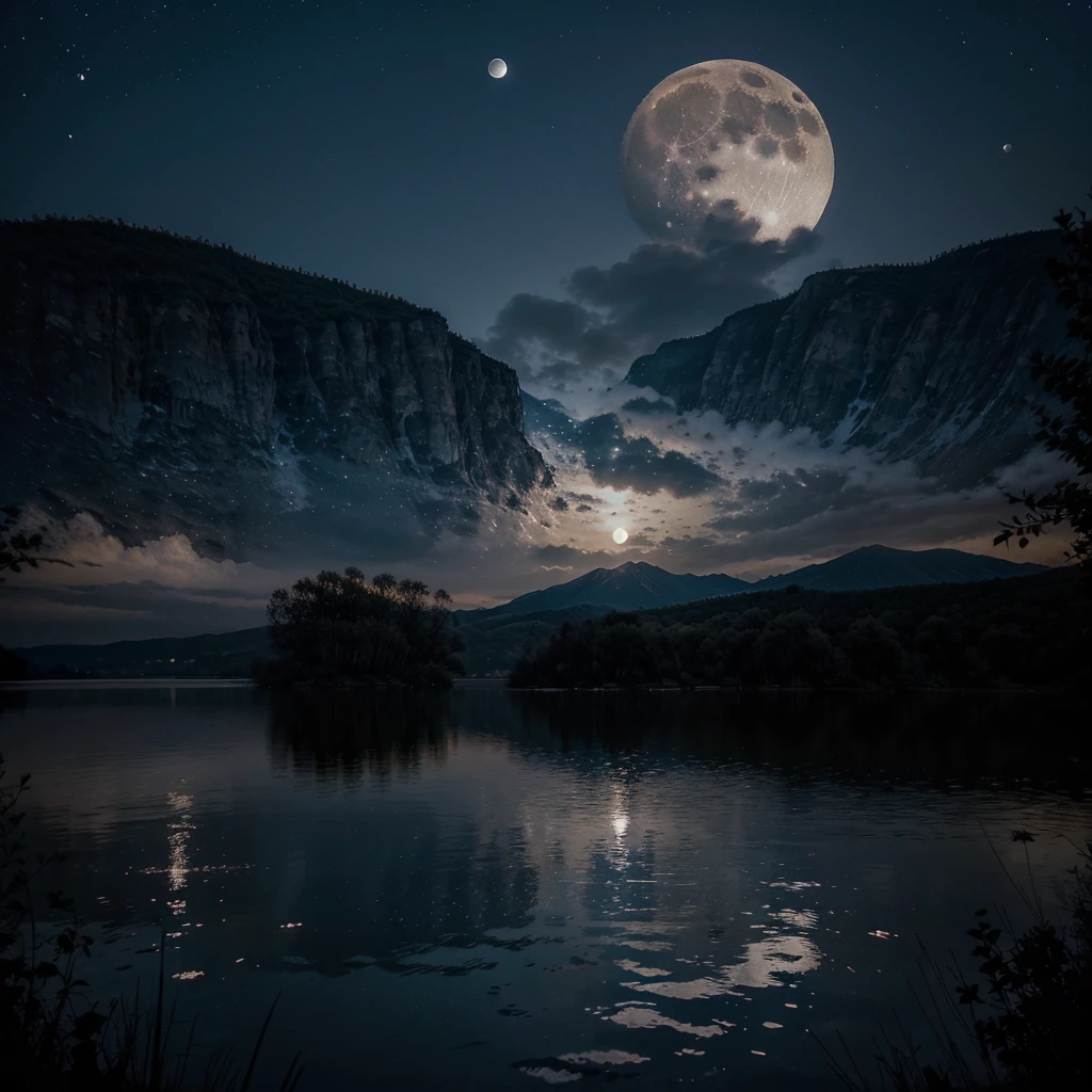 A serene and clear night illuminated by the silver light of the full moon.. The sky is dotted with stars.., Creating a celestial backdrop. Moon, majestic and round, is located at the top, projecting its light on a night landscape. Its rough and cratered surface is highlighted with soft shadows., revealing the unique lunar texture.

Additional items: You can add details such as silhouettes of trees or mountains in the distance to create depth in the scene... Perhaps a reflective lake that catches the moonlight.., or even a solitary figure admiring the moon, emphasizing the calm atmosphere of the night.