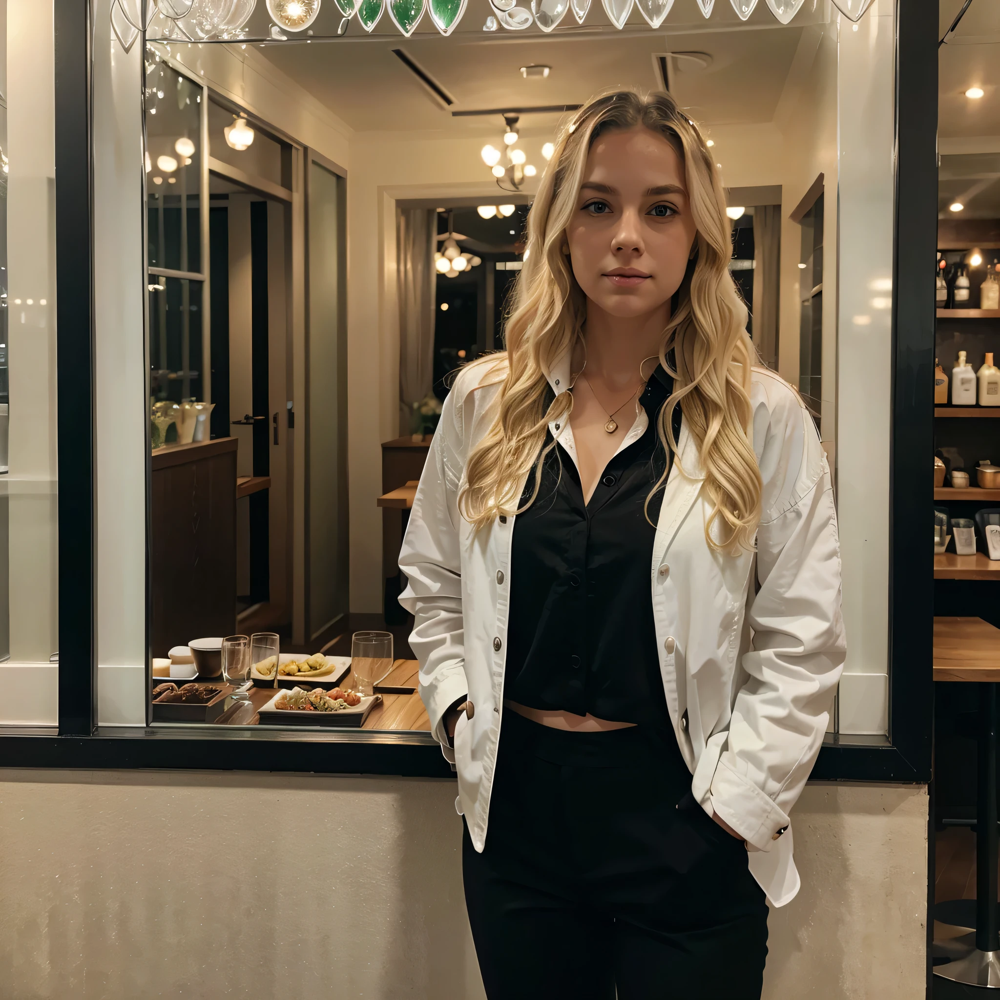 A white woman with wavy blonde hair and green eyes, wearing black pants, a white shirt and a black jacket, stands in front of a restaurant with glass decorations.