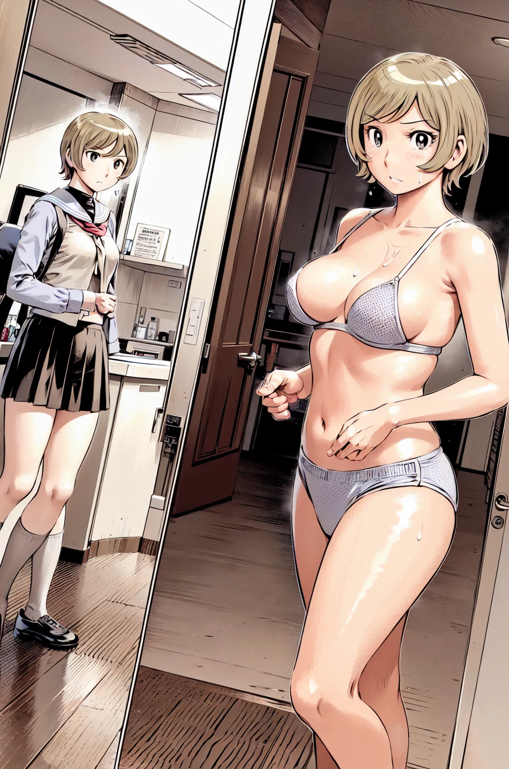 、(masterpiece、Highest quality)、Highest quality, Ultra-high resolution, (((masterpiece))), alone, Sweat、Big eyes, Composition from the front、Shortcuts、Embarrassed face、Blonde Hair、Cut your hair short、School classroom、Sailor suit、skirt、short hair、Browsing Caution、Upper body naked、Breasts exposed、Nipples、Large areola、Sitting in a chair without a backrest、Internal Medicine Examination、Woman showing her body、belly button、真Composition from the front、School Insurance Office、curtain、cubicle、window、door、Fluorescent lamp