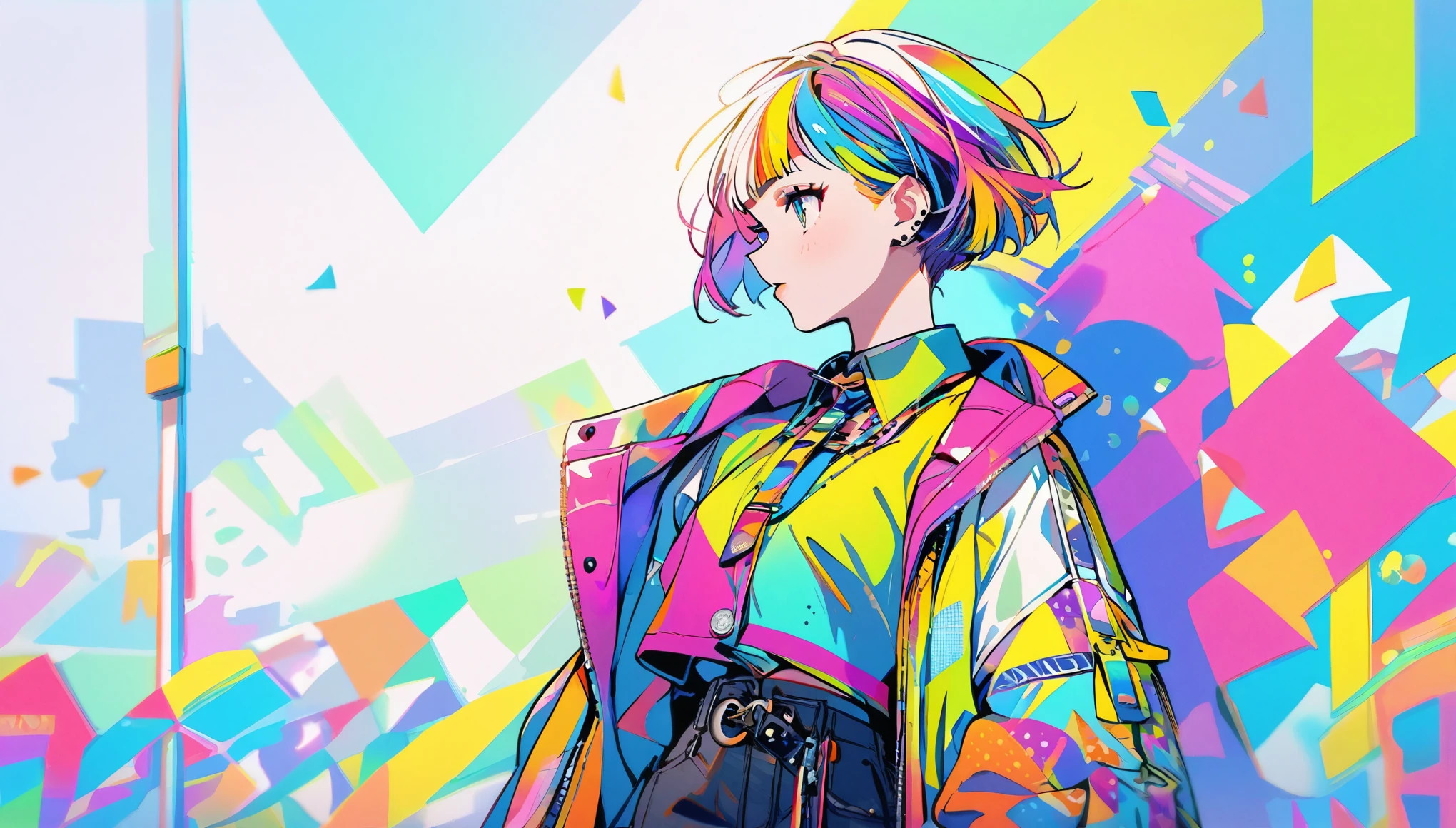 1girl, stylish, bright, boyish, colorful, 8k