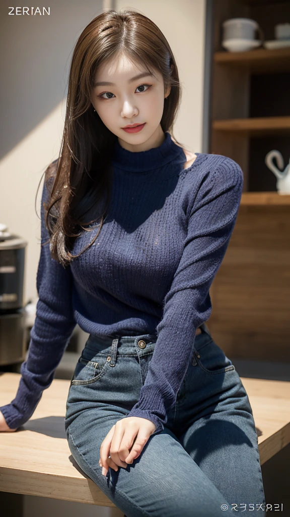 18 years old girls，Perfect face and，cute clothing，slim and slender physique。The skin has detailed and highly detailed eyes（1.1 emphasis），Very detailed skin texture（1.1 emphasiodel photo style，realisticlying，skin texture is real human skin texture，Detailed Skin Pore，Complicated details，The eyes are very detailed，kneesup，Attractive and sexy chibi，smile，，Eat parfait at a café，sitted，Dark blue knit sweater，black long pants，coffeehouse，tit， of breast，full bodyesbian，Full-body photography，Full body photography，Full body like，Slim waistline， Tempting， slutty, (())， (Realistic, photograph realistic:1.37), Cinematic light