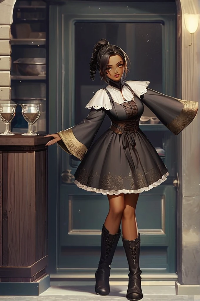 ((Лучшее качество)), ((шедевр)), (подробный), girl red_lips adult black_hair side_braid_ponytail_hairstyle eye_patch brown_skin_corset dress skin_jackboots port tavern full body