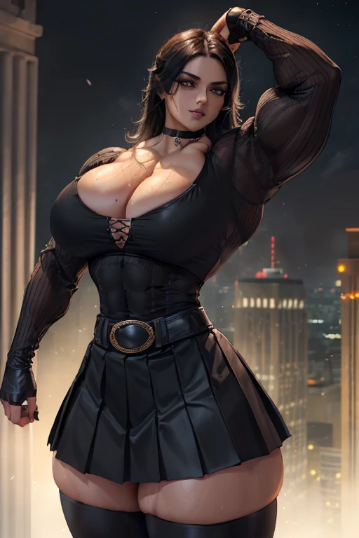 ((((Massive tall, beautiful, buff, sweating, light brown skinned muscular woman with black hair, black lipstick, ginormous bulky muscles and wearing a beautiful black long-sleeved blouse with a beautiful pleated skirt)))), (close view), massive muscle, massive biceps, hyper muscle shoulders, massive muscle arms, vascular shoulders, hyper muscle triceps, (straight long hair), (beautiful black long-sleeved blouse with a belt), orange eyes, gloves, choker, (beautiful black pleated skirt), (thigh high socks), boots, in a school rooftop, confidant smile, night, hyper vascular arm, hyper muscles arms, hyper muscle legs, massive arms