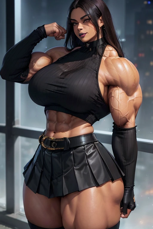 ((((Massive tall, beautiful, buff, sweating, light brown skinned muscular woman with black hair, black lipstick, ginormous bulky muscles and wearing a beautiful black long-sleeved blouse with a beautiful pleated skirt)))), (close view), massive muscle, massive biceps, hyper muscle shoulders, massive muscle arms, vascular shoulders, hyper muscle triceps, (straight long hair), (beautiful black long-sleeved blouse with a belt), orange eyes, gloves, choker, (beautiful black pleated skirt), (thigh high socks), boots, in a school rooftop, confidant smile, night, hyper vascular arm, hyper muscles arms, hyper muscle legs, massive arms