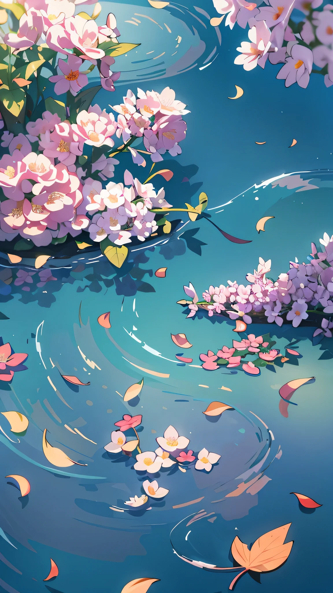 There is a painting of a pond，Flowers and leaves floating above, anime art wallpaper 8 k, A beautiful artistic illustration, anime background art, background art works, Anime Art Wallpaper 4K, Anime Art Wallpaper 4K, Anime Background, Flower environment, Background Art, 4k hd wallpaper illustration, Tranquility illustration, Beautiful art UHD 4K, Wallpaper Anime Blue Water