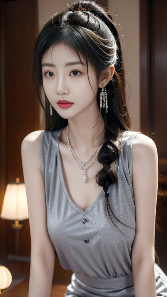 Alafid (Arafed) Asian woman wearing necklace and grey vest, beautiful young Korean woman, gorgeous young Korean woman, beautiful south Korean woman, Korean Girl, a Young Asian woman, Korean woman, Young and cute Korean face, Portrait of a Korean female idol, Young Asian Girl, Beautiful Asian girl, Young Asian woman, Young cute pale Asian face