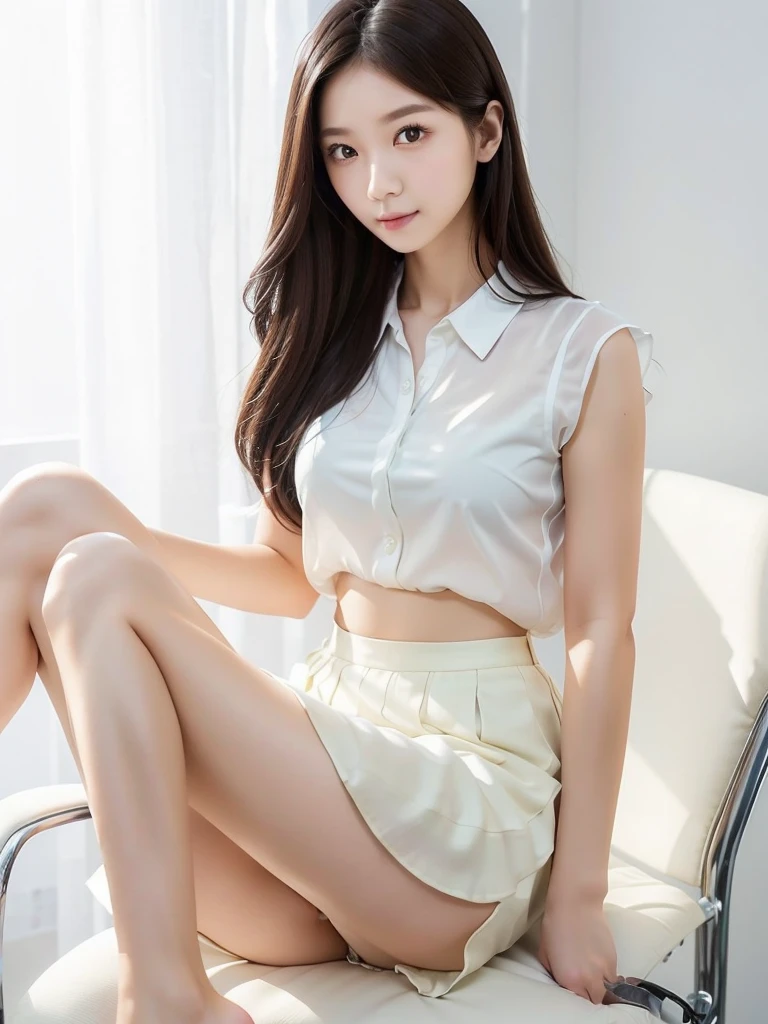office、White Wallpaper、Sit on a chair、Sheer blouse、Mid-length skirt 、(Highest quality)、、((Very detailed))、4K、(8K)、Highest quality、One person、Kind Face、Soft Light、Raw quality、Soft Skin、Heel、Thighs、163cm