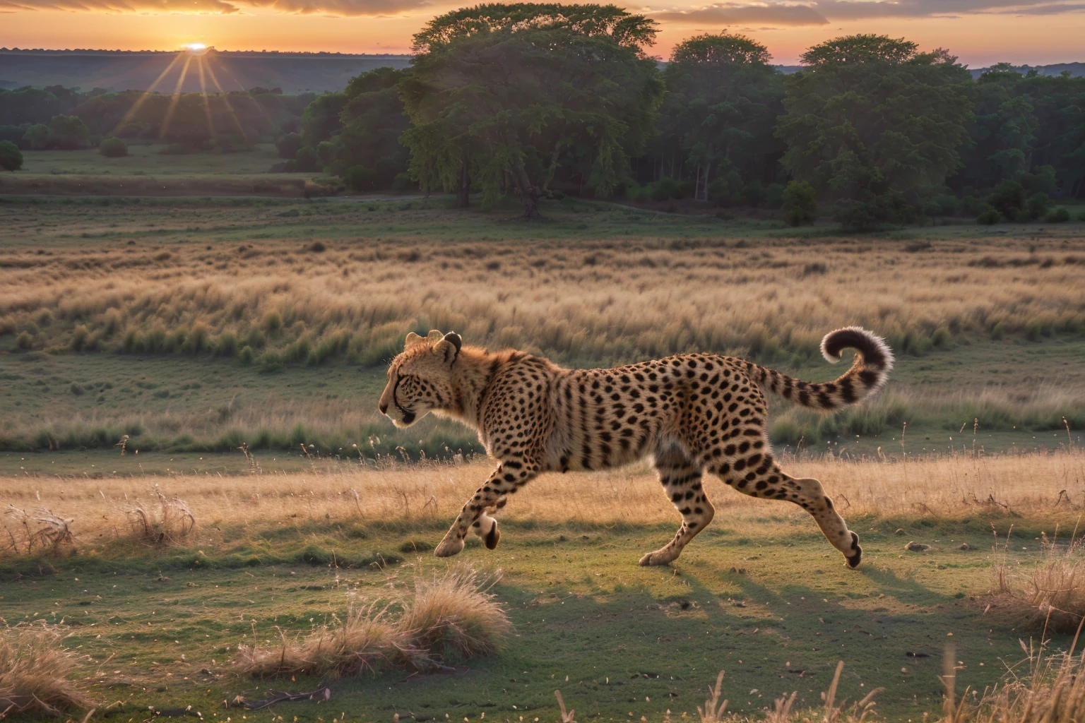 (best quality,4k,8k,highres,masterpiece:1.2),ultra-detailed,(realistic,photorealistic,photo-realistic:1.37),cheetah,muscular defined body,sharp intense eyes,running across grassland,sunset rays,high-speed motion blur,wildlife photography,rich details,HD quality,3D rendering,vivid colors,studio lighting