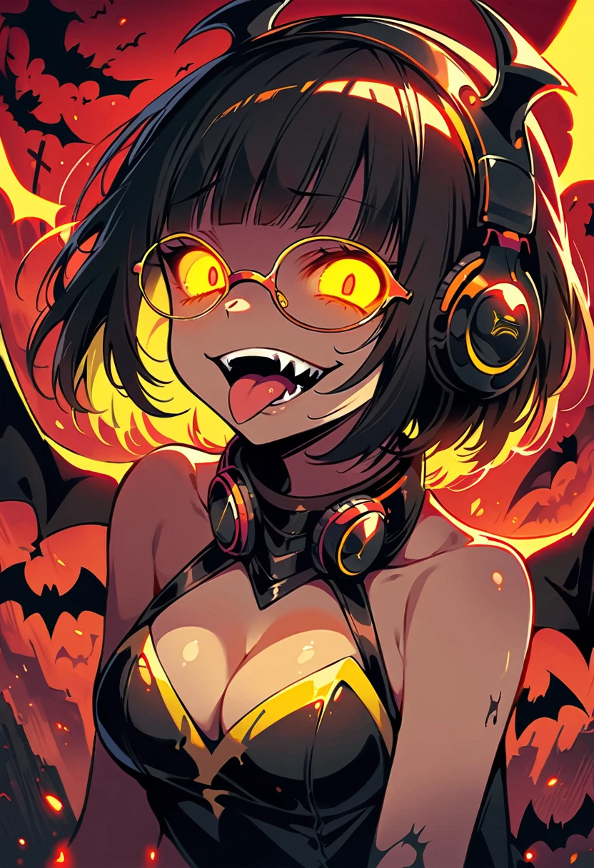 (extremely detailed fine touch:1.3), (2D:1.3), devil girl, (super very short hair:1.3), blunt bangs, (yellow glasses:1.3), underrim, headphones, devil wing, Tsurime Eyes, (glowing eyes:1.4), evil smile, (fangs:1.2), tongue out, mini dress, medium breasts, clavicle, cleavage, bat, hell