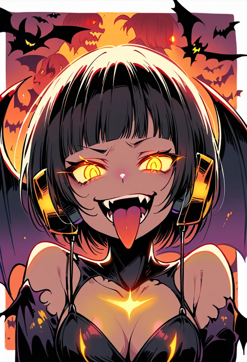 (extremely detailed fine touch:1.3), (2D:1.3), devil girl, (super very short hair:1.3), blunt bangs, (yellow glasses:1.3), underrim, headphones, devil wing, Tsurime Eyes, (glowing eyes:1.4), evil smile, (fangs:1.2), tongue out, mini dress, medium breasts, clavicle, cleavage, bat, hell