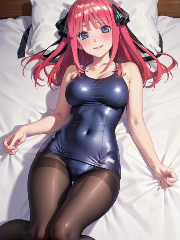 masterpiece, best quality, insanely detailed, beautiful, nino nakano, one-piece swimsuit, breasts, pantyhose, blush, smile, 寝そべる