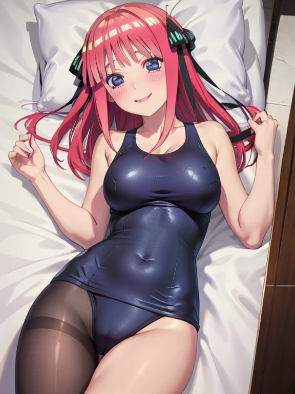 masterpiece, best quality, insanely detailed, beautiful, nino nakano, one-piece swimsuit, breasts, pantyhose, blush, smile, 寝そべる
