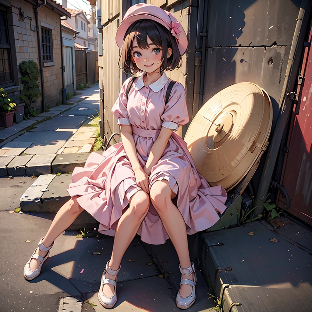 ((Highest quality)), ((masterpiece)), (detailed), Perfect Face, younger sister, , Big eyes, Smile, short hair, Wearing a pink dress and hat, whole body, at school、Hold a condom in your mouth、A defiant smile、Lifting her skirt, a dark alley、Sit on the air conditioner&#39;s outdoor unit