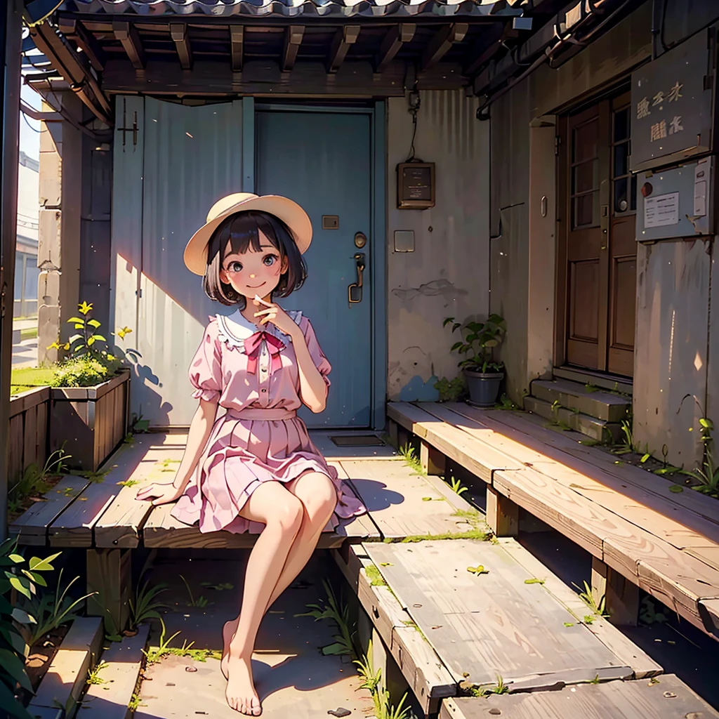 ((Highest quality)), ((masterpiece)), (detailed), Perfect Face, younger sister, , Big eyes, Smile, short hair, Wearing a pink dress and hat, whole body, at school、Hold a condom in your mouth、A defiant smile、Lifting her skirt, a dark alley、Sit on the air conditioner's outdoor unit