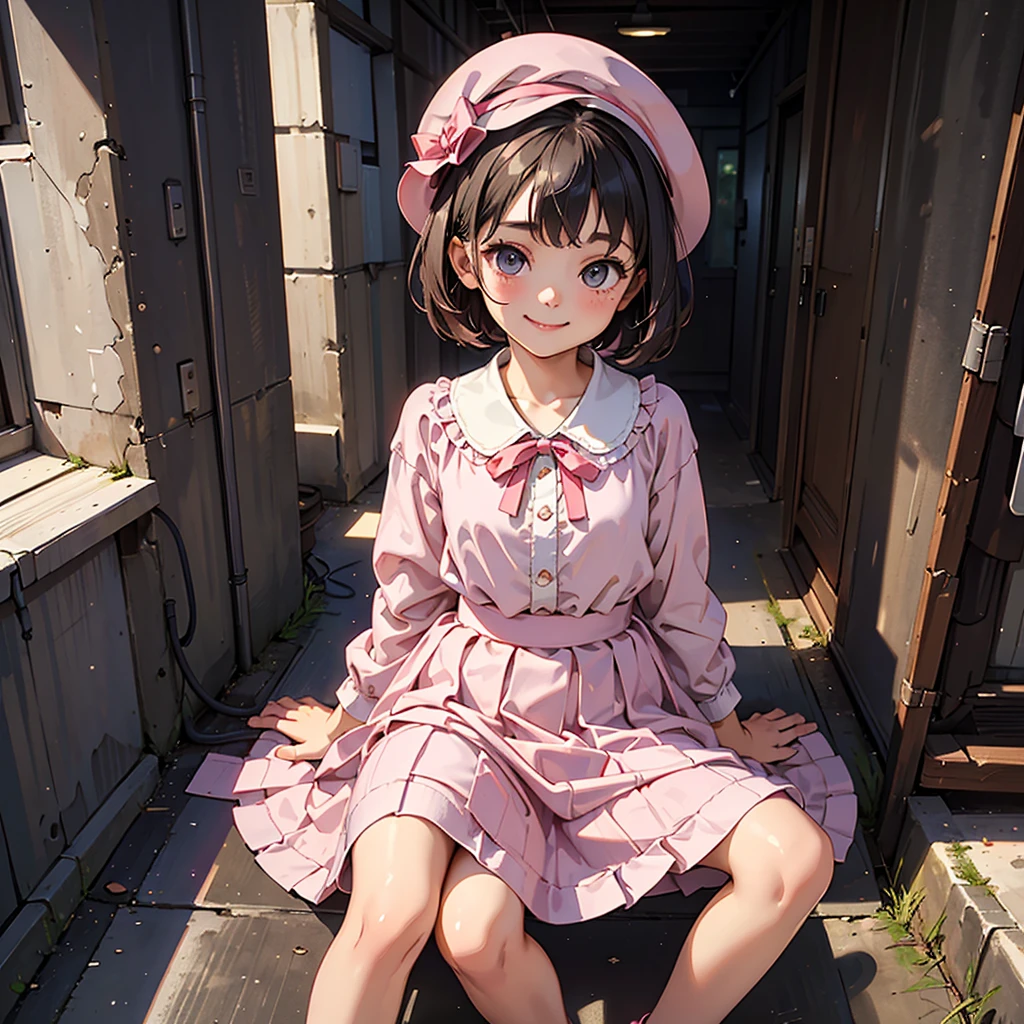 ((Highest quality)), ((masterpiece)), (detailed), Perfect Face, younger sister, , Big eyes, Smile, short hair, Wearing a pink dress and hat, whole body, at school、Hold a condom in your mouth、A defiant smile、Lifting her skirt, a dark alley、Sit on the air conditioner&#39;s outdoor unit