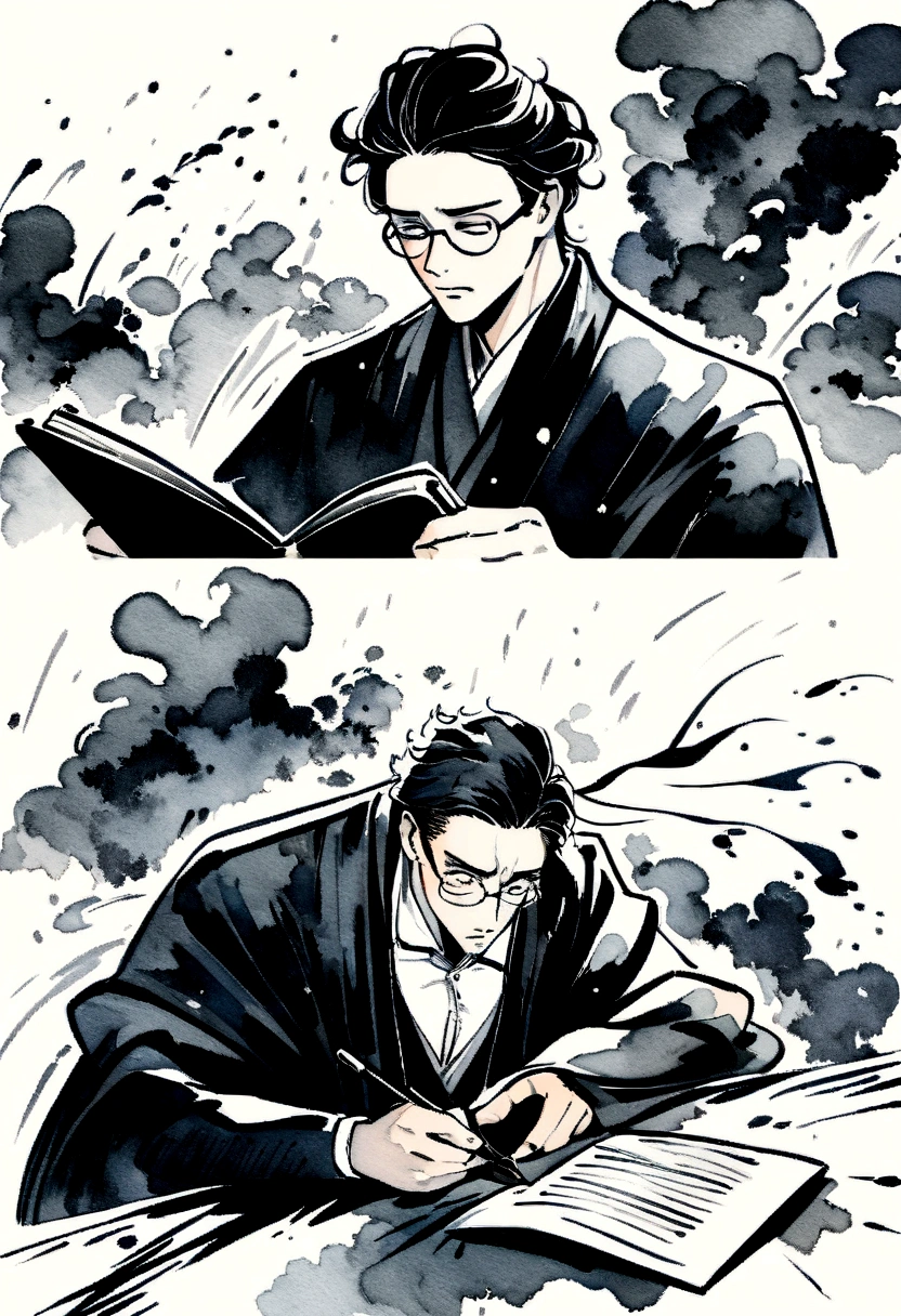 ink art style, black and white, abstract, watercolor painting style, blurs, drawing of a young man, artist man, elegant old clothes, writer man, desperate man ,stressed, rampant, writing with ink, very inspired man, unkempt black hair, glasses, epic , ink and writing powers, rage, strong wind clothes with the wind, rain , black and white, epic
