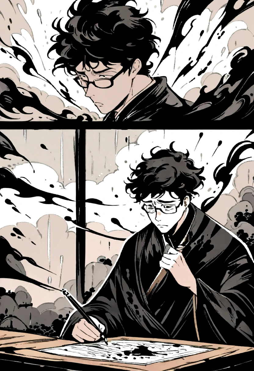 ink art style, black and white, abstract, watercolor painting style, blurs, drawing of a young man, artist man, elegant old clothes, writer man, desperate man ,stressed, rampant, writing with ink, very inspired man, unkempt black hair, glasses, epic , ink and writing powers, rage, strong wind clothes with the wind, rain , black and white, epic