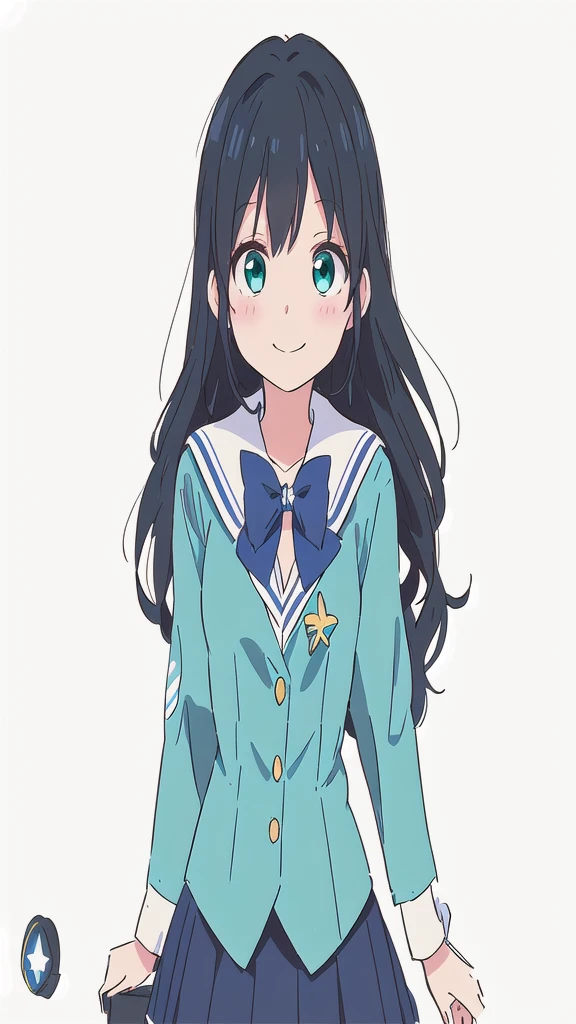 anime girl in a blue suit and tie with a smile, typical nerd, anime moe artstyle, mihoyo art style, chiho, from cryptid academia, Love Lab, stylized anime, young anime girl, anime style character, anime stylized, yuruyuri, a girl with fair skin long black hair and grayish-green eyes, she wears a star-shaped pendant, the same color as her eyes, around a circle the girl is tall and wears a Japanese sailor of color aqua green and blue bow tie, ((small-breasts:0.55)), anime, masterpiece, best Quality, cinematic lighting, drawn Art, clip studio paint, anime wallpaper, deep color, cel-shaded, walking on the city