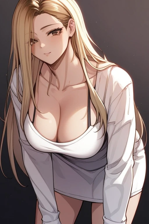 score_9, score_8_superior, score_7_superior, Hi、he, Brown eyes, Blonde, Multicolored Hair, Long Hair,Round neck ,White tight T-shirt、Long sleeve、Are standing,Big Breasts、black long camisole dress、turn around、Cleavage、Leaning forward