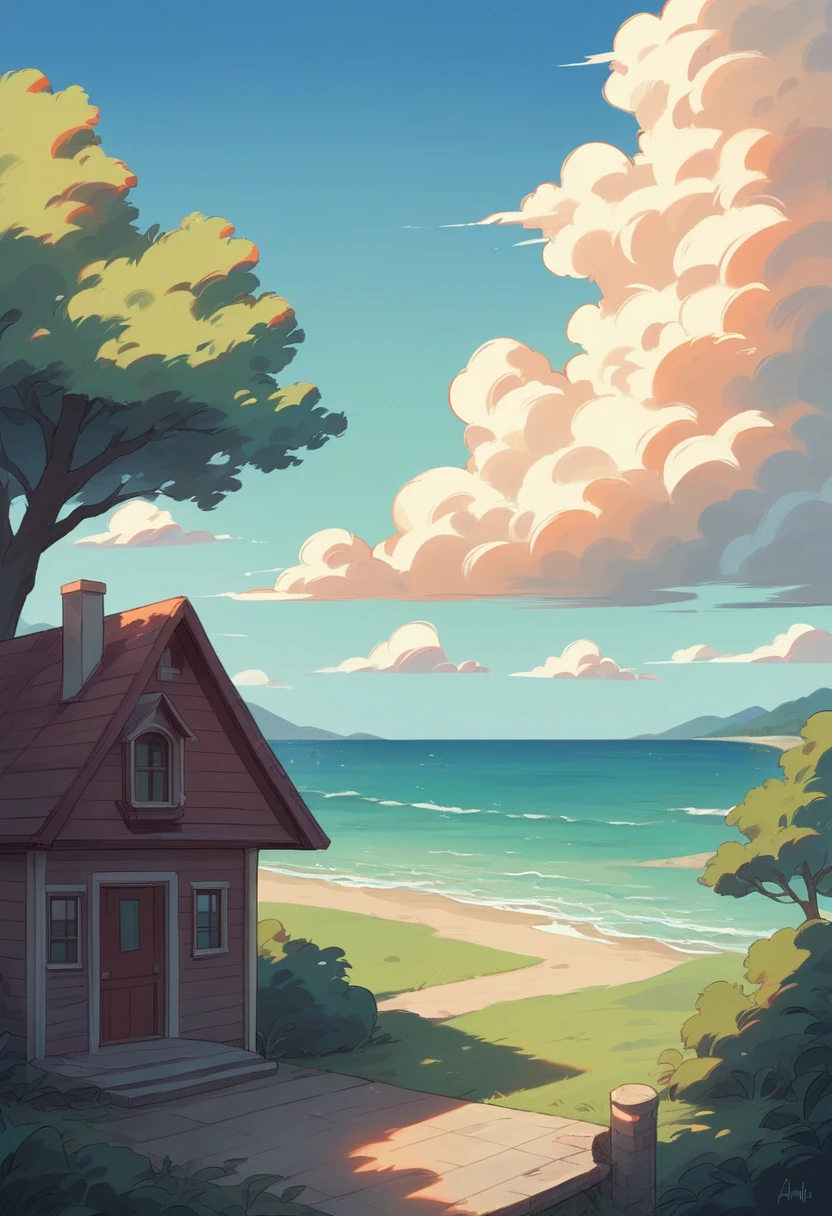 tree, no humans, cloud, sky, outdoors, house, day, smile, blue sky, aqua background, Rich colors, white cloudsï¼ aqichahua, illustration, flat color, Flat style, ocean, (Masterpiece), (best quality)