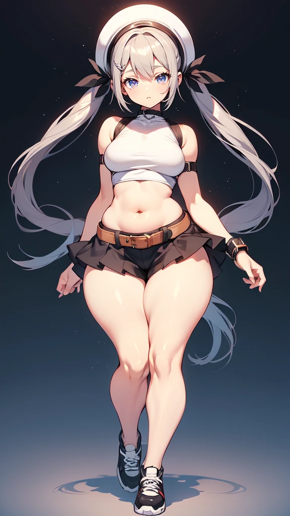 blank background, (((full body))), (masterpiece), ((best quality)), (very short girl), flat chest, short twintail, (wide hips:1.4), (thick thighs:1.4), (very short skirt), toeless footwear, belt below navel, fanny packs, bags