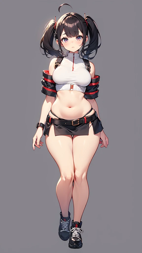 blank background, (((full body))), (masterpiece), ((best quality)), (very short girl), flat chest, short twintail, (wide hips:1.4), (thick thighs:1.4), (very short skirt), toeless footwear, belt below navel, fanny packs, bags