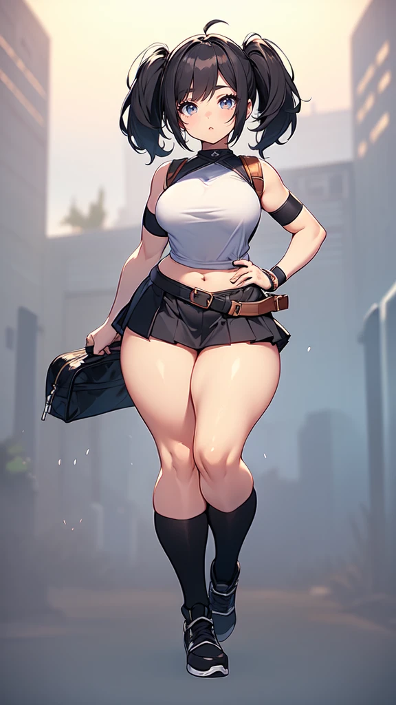 blank background, (((full body))), (masterpiece), ((best quality)), (very short girl), flat chest, short twintail, (wide hips:1.4), (thick thighs:1.4), (very short skirt), toeless footwear, belt below navel, fanny packs, bags