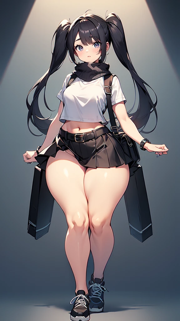 blank background, (((full body))), (masterpiece), ((best quality)), (very short girl), flat chest, short twintail, (wide hips:1.4), (thick thighs:1.4), (very short skirt), toeless footwear, belt below navel, fanny packs, bags