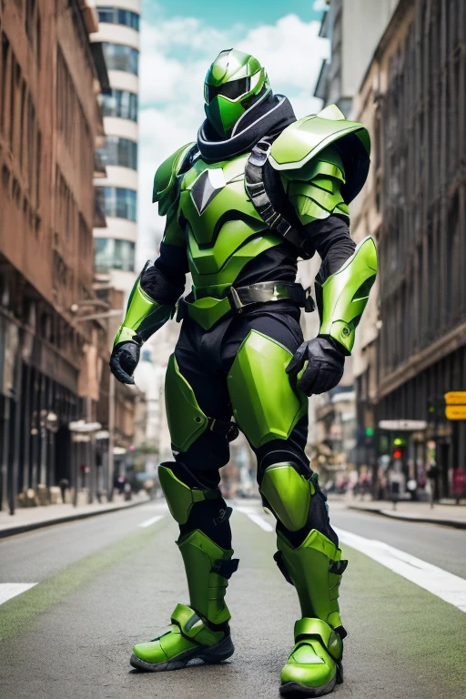 ((best quality)), ((masterpiece)), (detailed), 1 male, full body, 25 years old, masked, lemon green mask covering his entire head, smooth head, mask covering his mouth, 1 small crest on his head, oxygen mask, angry expression, black collar, tall and strong, very athletic, green fly wings, grey details, green fingerless gloves, green wrist guards, lemon green nanotech suit resembling light armor, lemon green chest with an emblem, orange fly emblem on his chest, fly, green pants, green knee pads, metallic green boots, orange superhero belt, flying around a building, city background, anime