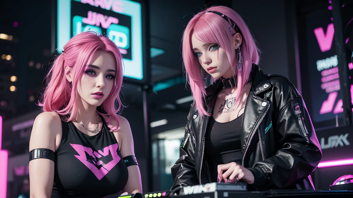 arafed woman in a black top and pink hair standing next to a DJ's mixer, rave girl, raver girl, 1 girl, DJ rave, unreal engine, rave makeup, in cyberpunk style, has cyberpunk style, rave inspired, cyber punk setting, cyberpunk vibes, cyberpunk vibe, beautiful cyberpunk woman model, cyberpunk style color, Hang the headphones from her neck