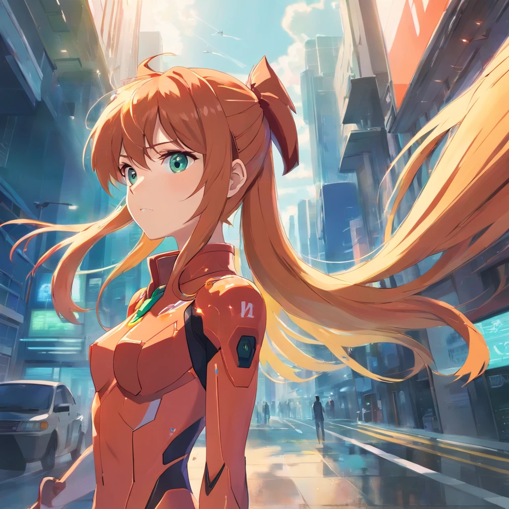 ((masterpiece,best quality, detailed)), full body, night, cityscape, souryuu asuka langley, interface headset, multicolored bodysuit, eyepatch