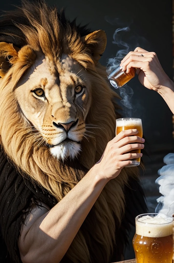 ( a lion with only centered face drinking a beer and smoke throughout the photo)