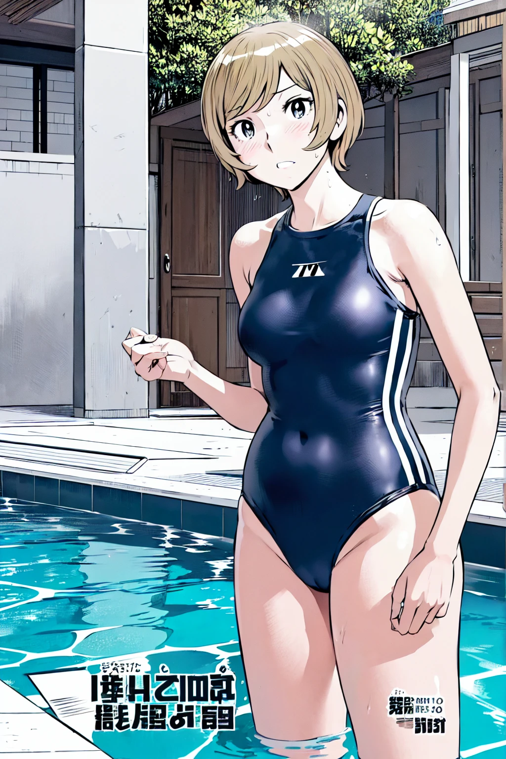 Blue school swimsuit、(masterpiece、Highest quality)、Highest quality, Ultra-high resolution, (((masterpiece))), alone, Sweat、Big eyes, Composition from the front、Shortcuts、Embarrassed face、Blonde、Cut your hair short、School swimming pool、short hair、Pussy Line、Browsing Caution、Butt
