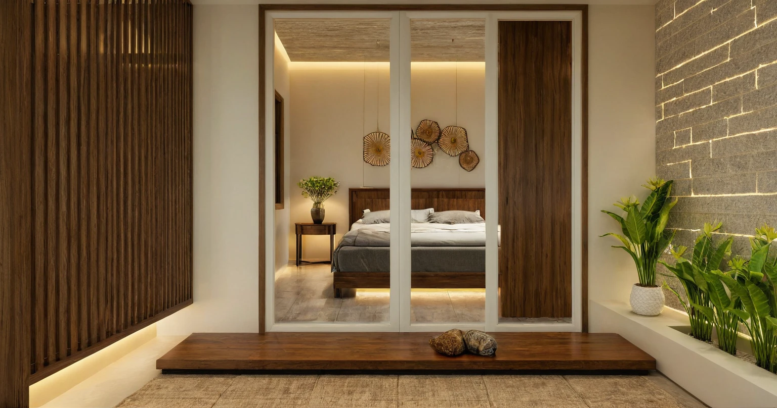 Raw photo,Masterpiece, high quality, best quality, authentic, super detail, interior, indoors,  style Indochine modern, minimalist line, aiaigroup , wooden, walnut veneer wood, led light, white paint wall, sofa, BED RooM, day light, 