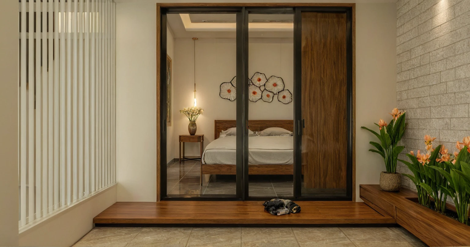 Raw photo,Masterpiece, high quality, best quality, authentic, super detail, interior, indoors, style Indochine modern, minimalist line, aiaigroup , wooden, walnut veneer wood, led light, white paint wall, sofa, BED RooM, day light,