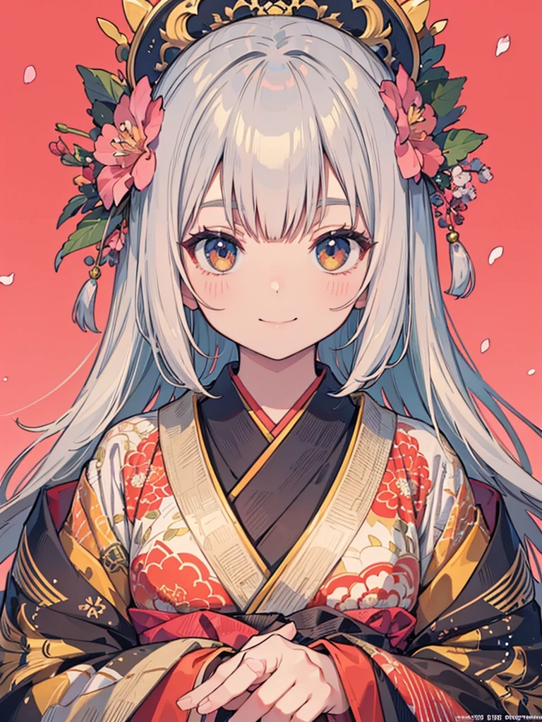 Official Art, wallpaper, Very detailed, (((Very detailedな目と顔))), shut your mouth, Warm smile，1 Girl，Arms hanging down，Half Body，Medium shot，masterpiece, best quality, Realistic Portraits, (Zendispute, Mandala, dispute, Endispute), kimono, Very detailed, Dynamic Angle, The most beautiful form of chaos, elegant, Brutalist design, Vibrant colors, Romantic cherry blossoms，Solid color background，(#0ba29b)