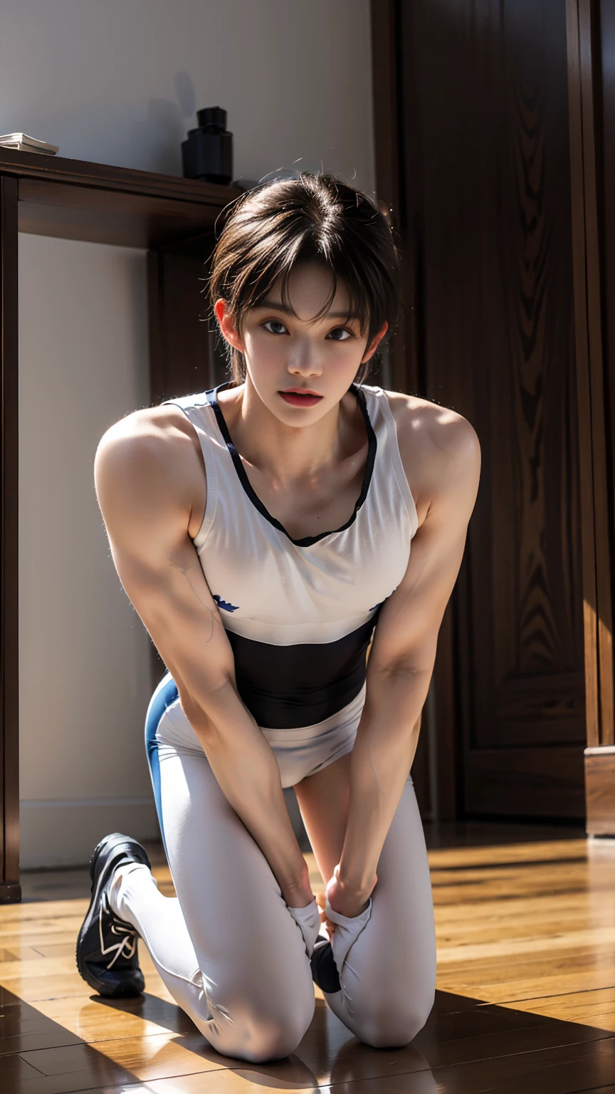 masterpiece,best quality, (A 16-year-old tall boy:1.2), (Kneeling on the floor at home:1.2),(White tight cycling suit),Broad shoulders,Muscular shoulders,Extremely strong body,Attractive and fit body,Inverted triangle figure,Biceps,Highlight muscle texture,Front view, Muscular body,Small head,Handsome and cute face,V-Shaped Face,Perfectly detailed facial features,Looking at the camera,Innocent expression,leaning back,head tilt, happy, very short hair, brown hair,(looking at viewer:1.2),Vision