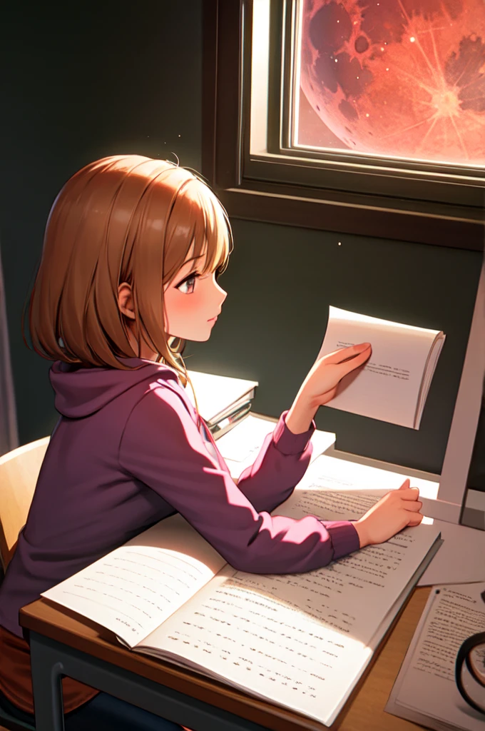 1girl sitting her desk, studying in her room, doing homework, a studyroom with a large window, Red moon in the background, stars, space, (lightroom:1.13), soft light,  sharp focus, focused,[[realistic]]