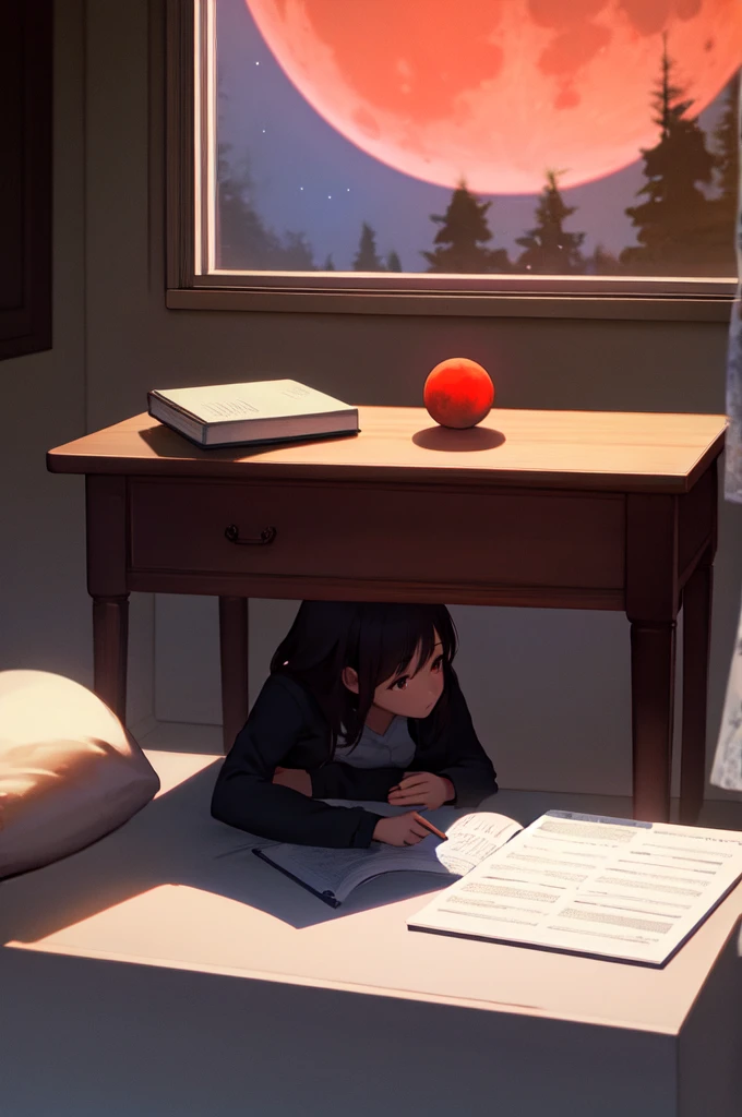 1girl sitting her desk, studying in her room, doing homework, a studyroom with a large window, Red moon in the background, stars, space, (lightroom:1.13), soft light,  sharp focus, focused,[[realistic]]