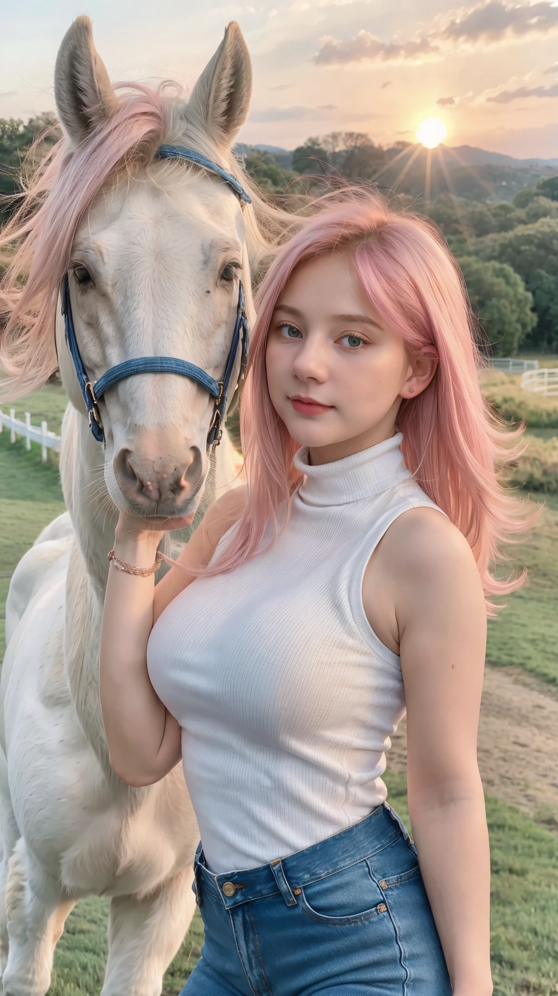 1 Girl, Beautiful, , 20 Years Old, White Skin, Colossal Chest, Sleeveless Turtleneck, Denim Mini Pants, Cleavage, Riding a Horse, White Horses, Home Outdoor Background, Highlight Pink Coloured Hair, Medium Bob Hair, ((Adorable:1.3)), ((Masterpiece:1.1)), ((Hair Blowing:1.1)), Sunset