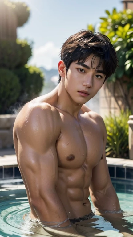 Jungkook, (masterpiece, best quality), 1man, muscular, bright colors, (depth of field: 1.2), sunlight, bright, high exposure, 1boy, male focus, asian, solo, male high school, light skin, , , muscular, handsome, outdoors, bathing with steam, hot spring, hot spring, sweat, look at the audience, depth of field, bokeh, detailed background, detailed lighting, diffuse natural sunlight, diffuse natural skin shine, symmetrical eyes