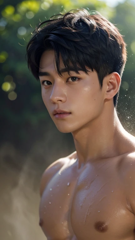 Jungkook, (masterpiece, best quality), 1man, muscular, bright colors, (depth of field: 1.2), sunlight, bright, high exposure, 1boy, male focus, asian, solo, male high school, light skin, nude, penis, muscular, handsome, outdoors, bathing with steam, hot spring, hot spring, sweat, look at the audience, depth of field, bokeh, detailed background, detailed lighting, diffuse natural sunlight, diffuse natural skin shine, symmetrical eyes