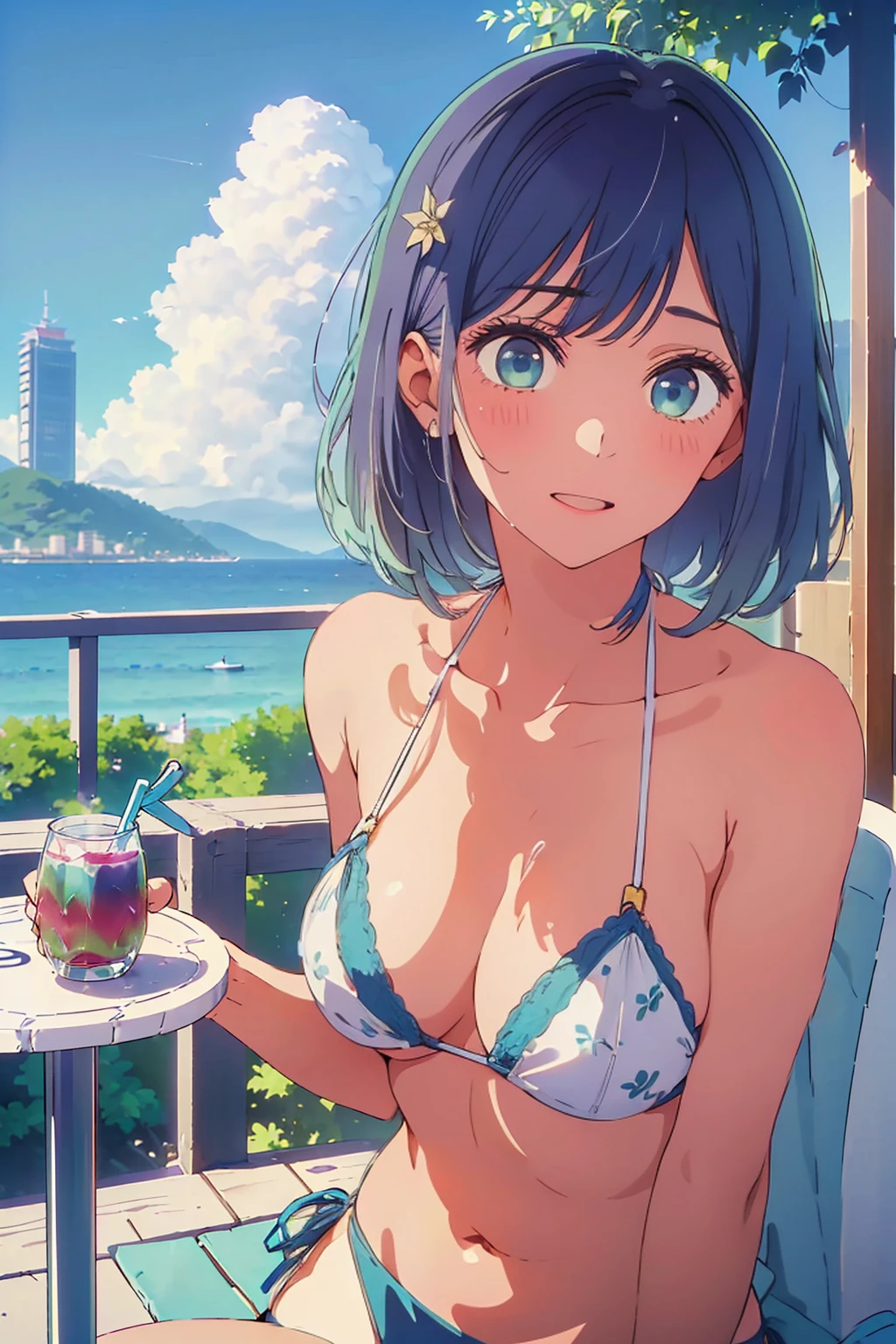 (Highest quality:1.4、8K:1.4、detailed)、F cup bust、Big Breasts、Slim body、Very white beautiful skin、((((1 person、Surprised expression、sit、Chair、In the background are the urban buildings of Tokyo、looking at the camera、Outdoor café terrace、coastal、Navy hair color、juice、Shooting up close、table、White Bikini、Very cute face))))、(Areola protrudes from the bikini:1.7)、Nipples、Very blue sky、A completely cloudless sky