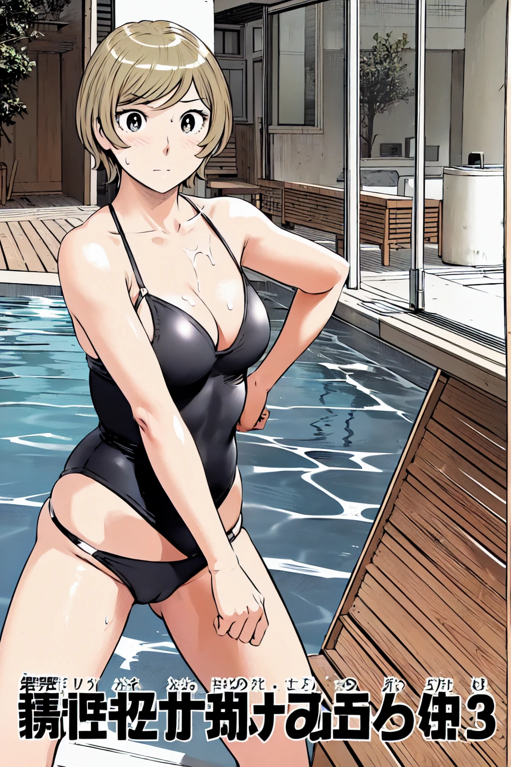 Micro Bikini、(masterpiece、Highest quality)、Highest quality, Ultra-high resolution, (((masterpiece))), alone, Sweat、Big eyes, Composition from the front、Shortcuts、Embarrassed face、Blonde、Cut your hair short、School swimming pool、short hair、Pussy Line、Browsing Caution、Butt
